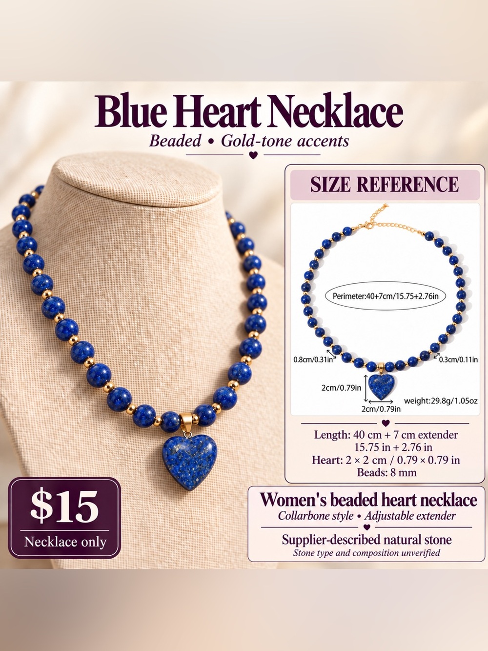 Blue Beaded Heart Necklace